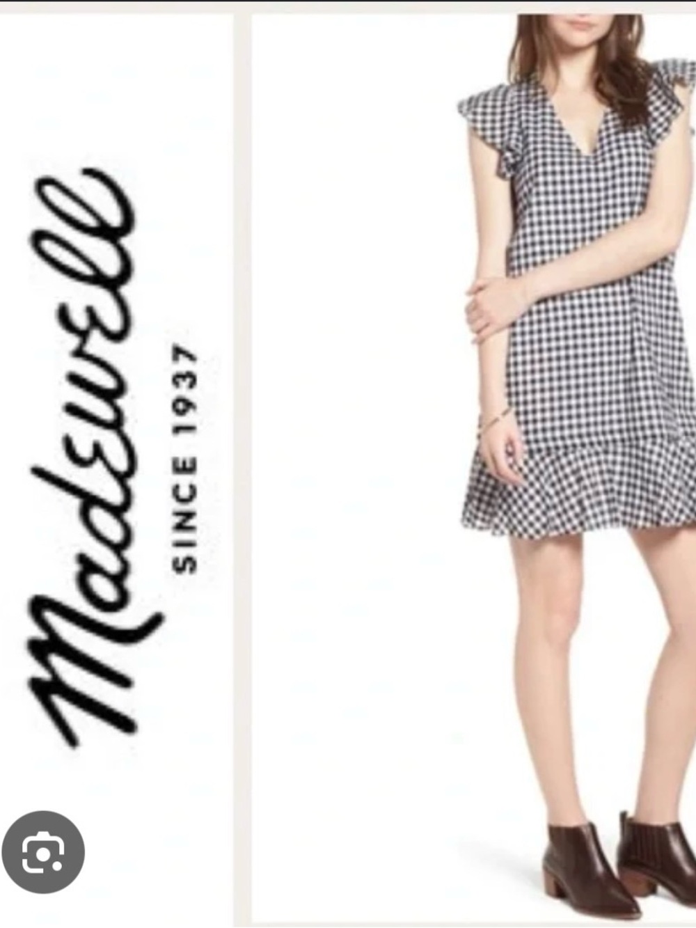 Madewell Black and White Gingham V-Neck Ruffle Mini Dress
